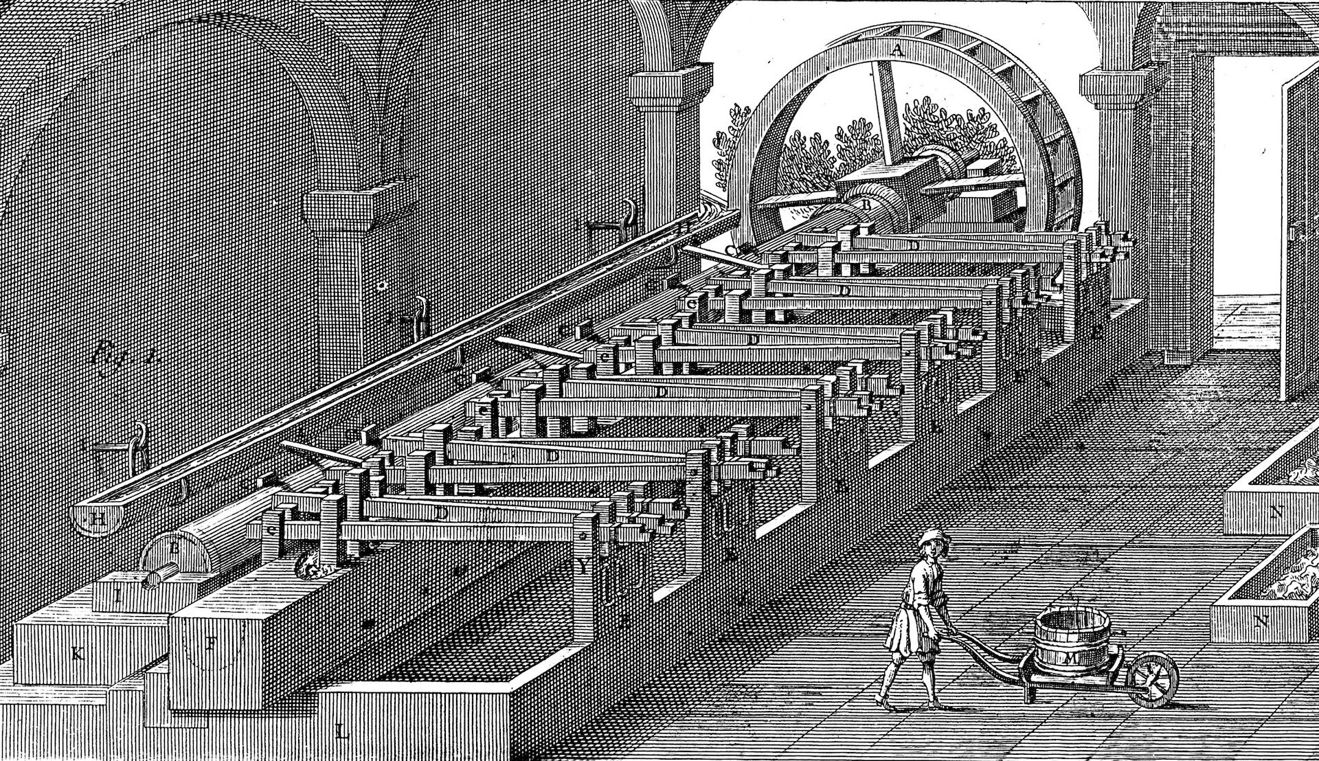 Ilustracja młotowej stępy do rozwłókniania szmat, z dzieła J. De La Lalande, 'Art de faire le papier', Paryż 1761.