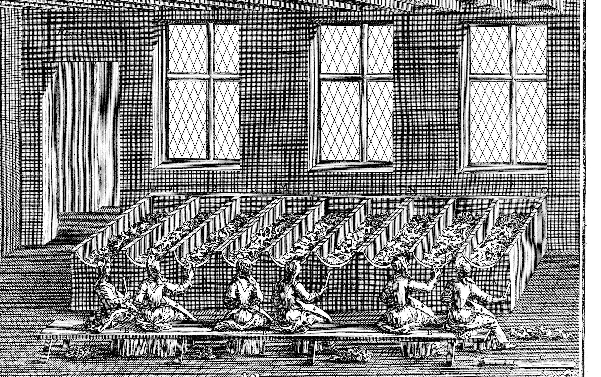 ぼろ布の選別作業(出典:ジェローム・ド・ラランド著『製紙術』、パリ、1761年)