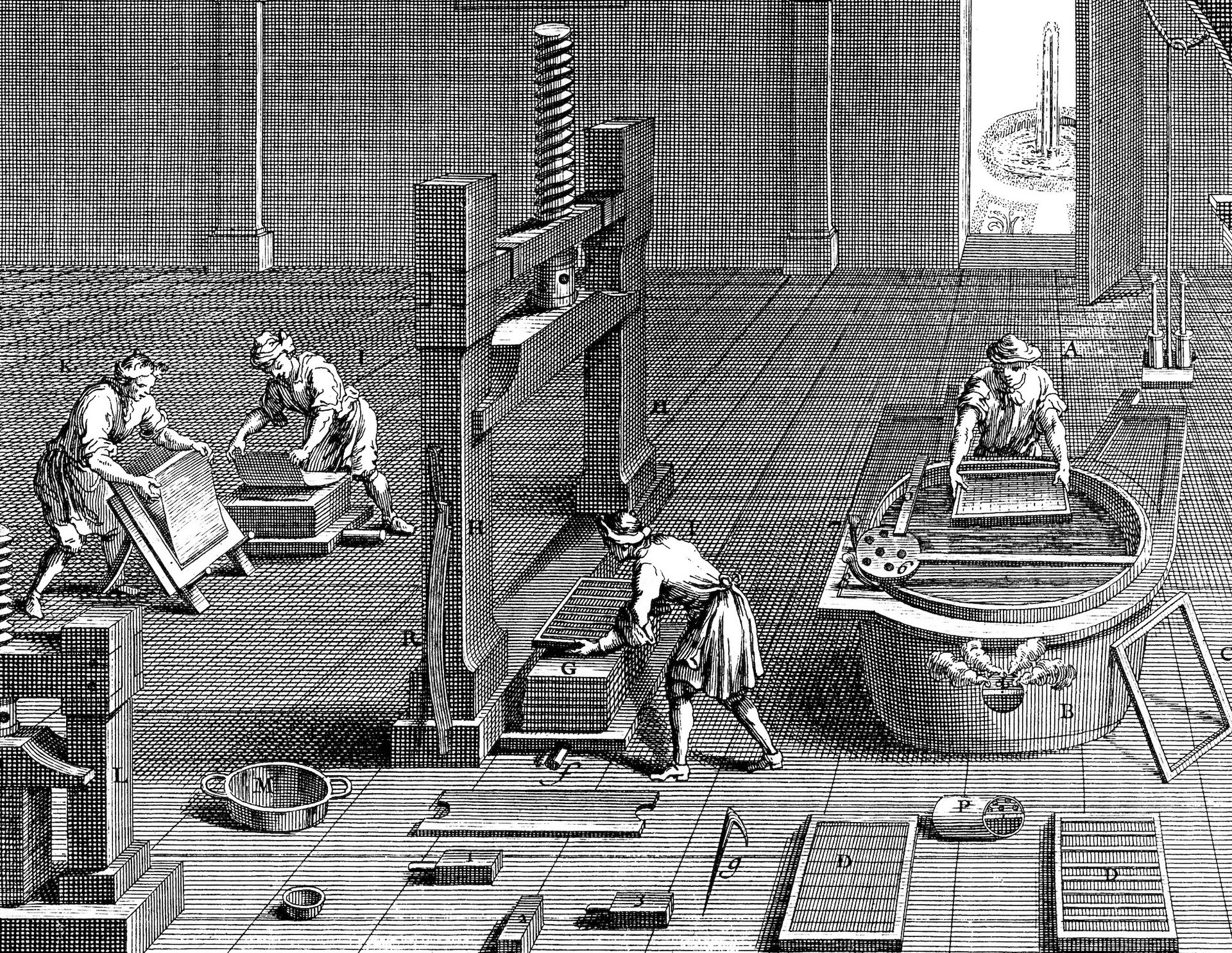 4. 手漉きによる製紙(出典:ジェローム・ド・ラランド著『製紙術』、パリ、1761年)
